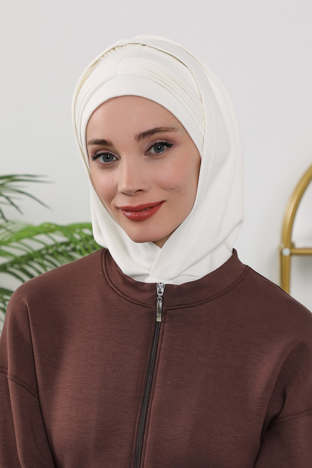 Instant Pleated Hijab Bonnet with Neck Cover, Full Coverage Ready to Wear Underscarf for Modest Women,B-87O Ecru