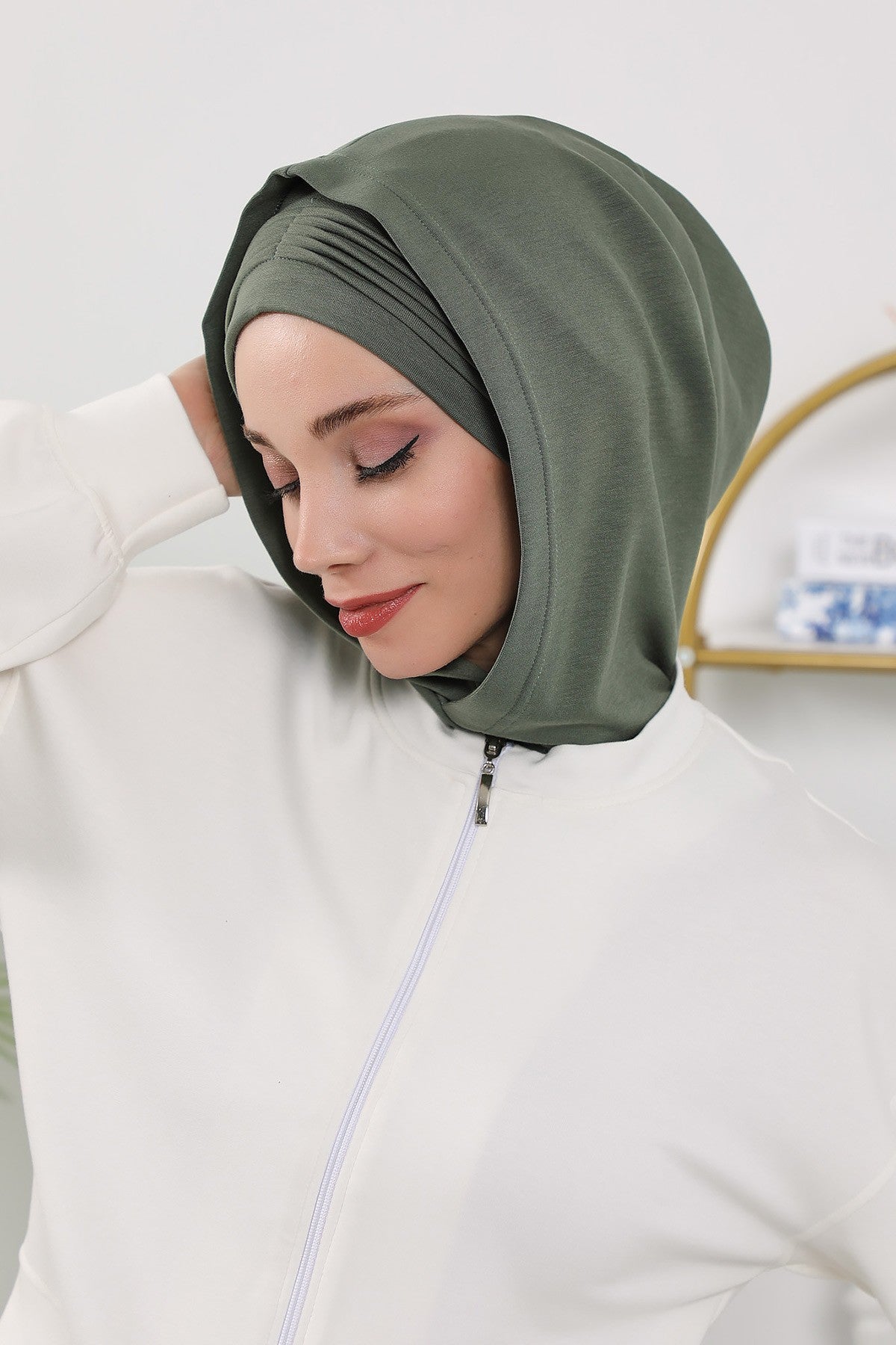 Instant Pleated Hijab Bonnet with Neck Cover, Full Coverage Ready to Wear Underscarf for Modest Women,B-87O Army Green