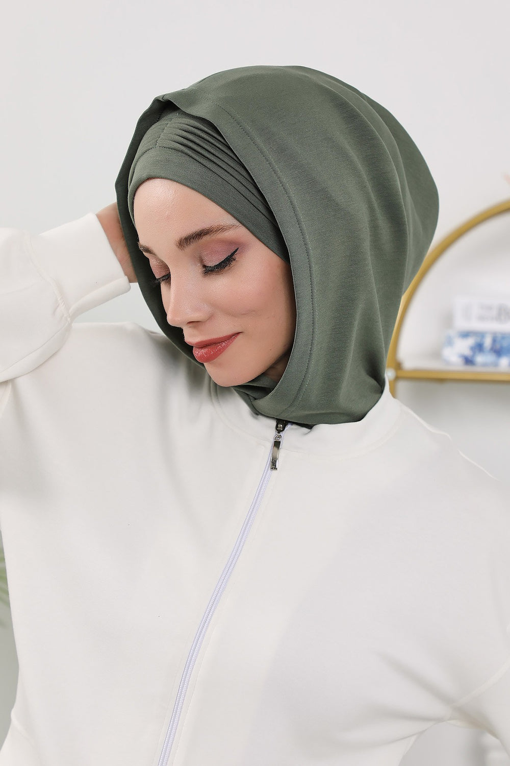 Instant Pleated Hijab Bonnet with Neck Cover, Full Coverage Ready to Wear Underscarf for Modest Women,B-87O Army Green
