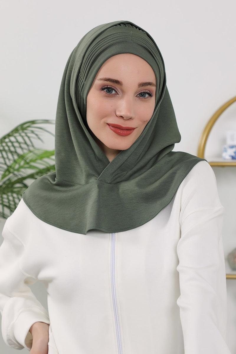Instant Pleated Hijab Bonnet with Neck Cover, Full Coverage Ready to Wear Underscarf for Modest Women,B-87O