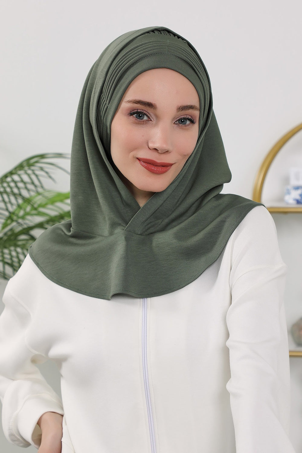 Instant Pleated Hijab Bonnet with Neck Cover, Full Coverage Ready to Wear Underscarf for Modest Women,B-87O Army Green