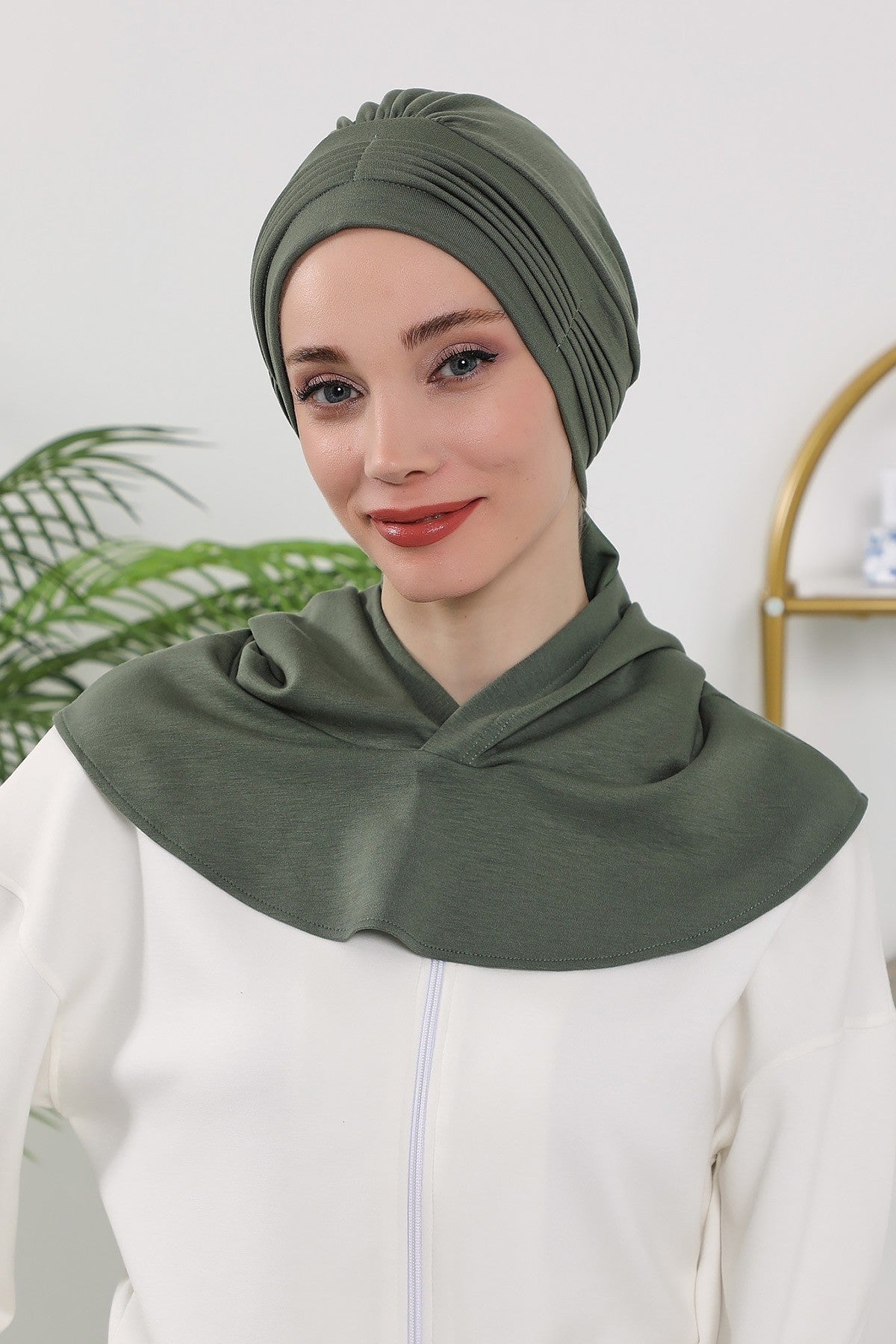 Instant Pleated Hijab Bonnet with Neck Cover, Full Coverage Ready to Wear Underscarf for Modest Women,B-87O Army Green