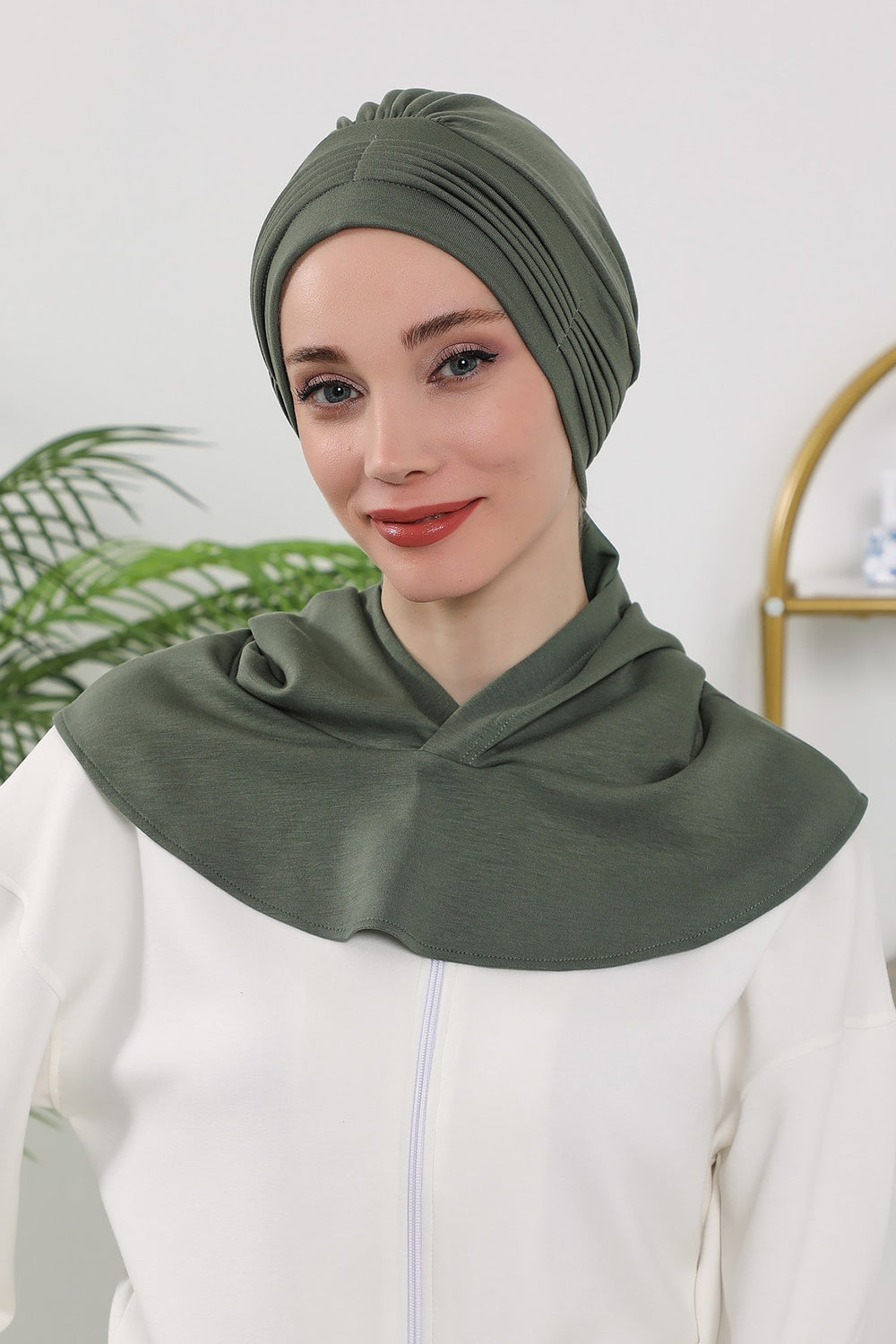 Instant Pleated Hijab Bonnet with Neck Cover, Full Coverage Ready to Wear Underscarf for Modest Women,B-87O Army Green