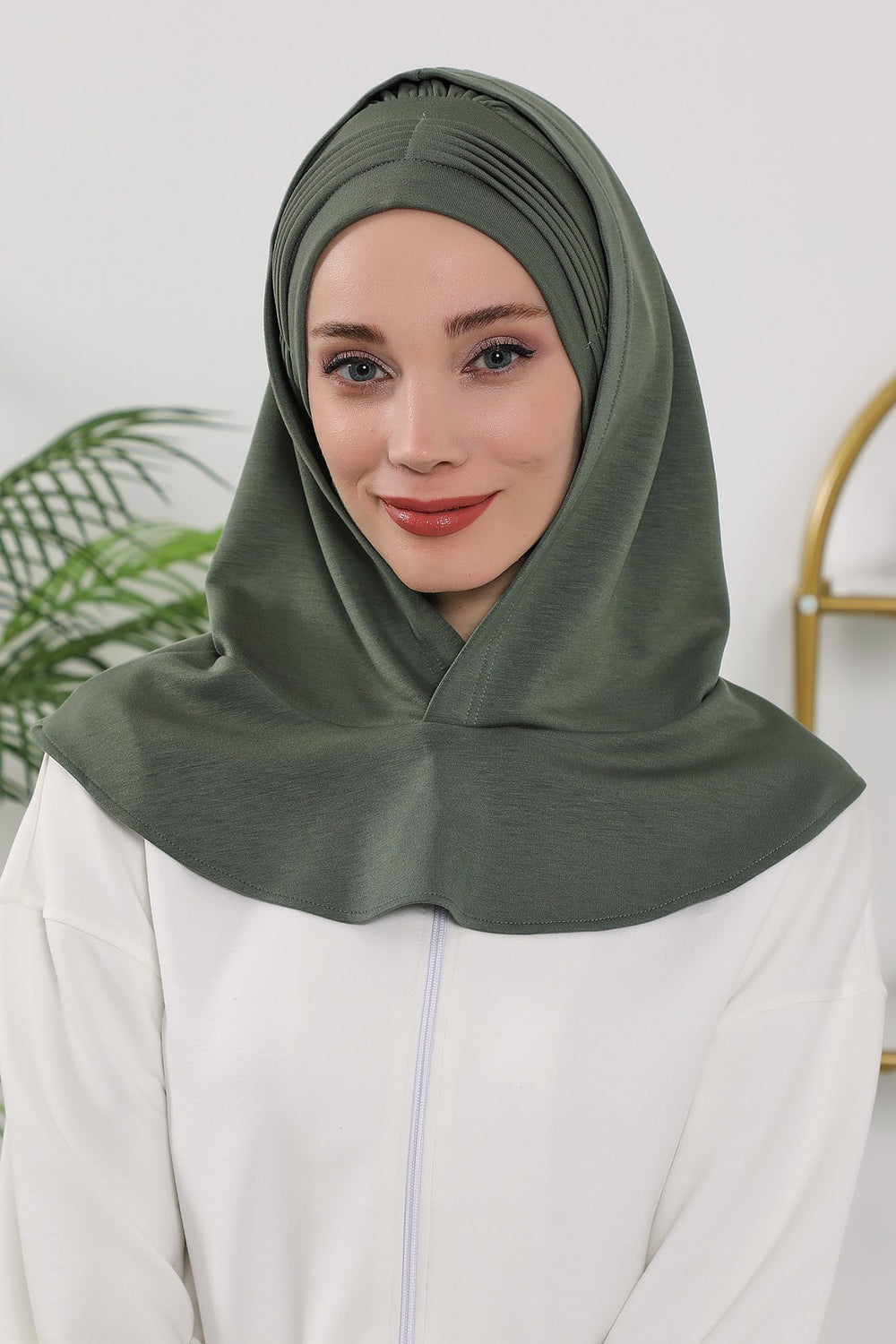 Instant Pleated Hijab Bonnet with Neck Cover, Full Coverage Ready to Wear Underscarf for Modest Women,B-87O Army Green