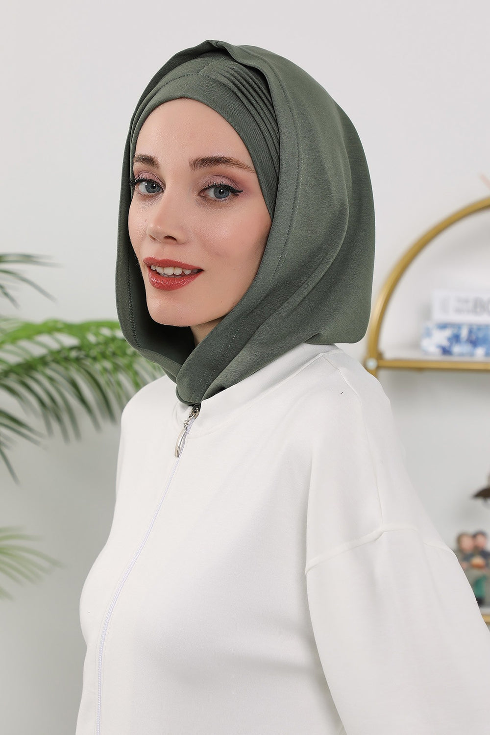 Instant Pleated Hijab Bonnet with Neck Cover, Full Coverage Ready to Wear Underscarf for Modest Women,B-87O Army Green