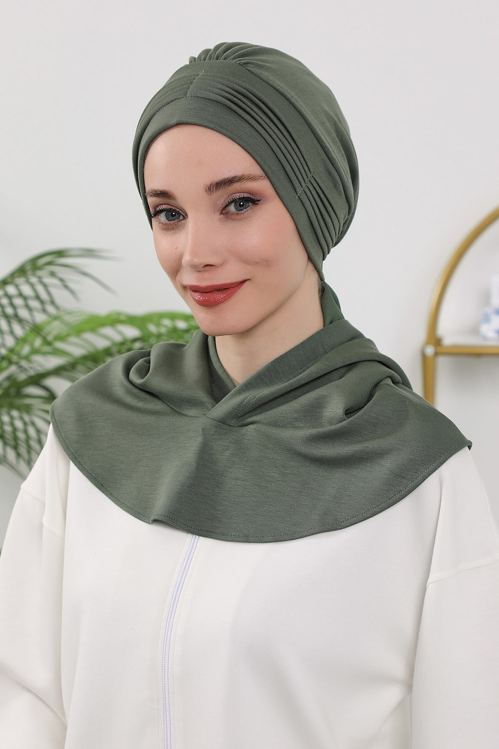 Instant Pleated Hijab Bonnet with Neck Cover, Full Coverage Ready to Wear Underscarf for Modest Women,B-87O Army Green