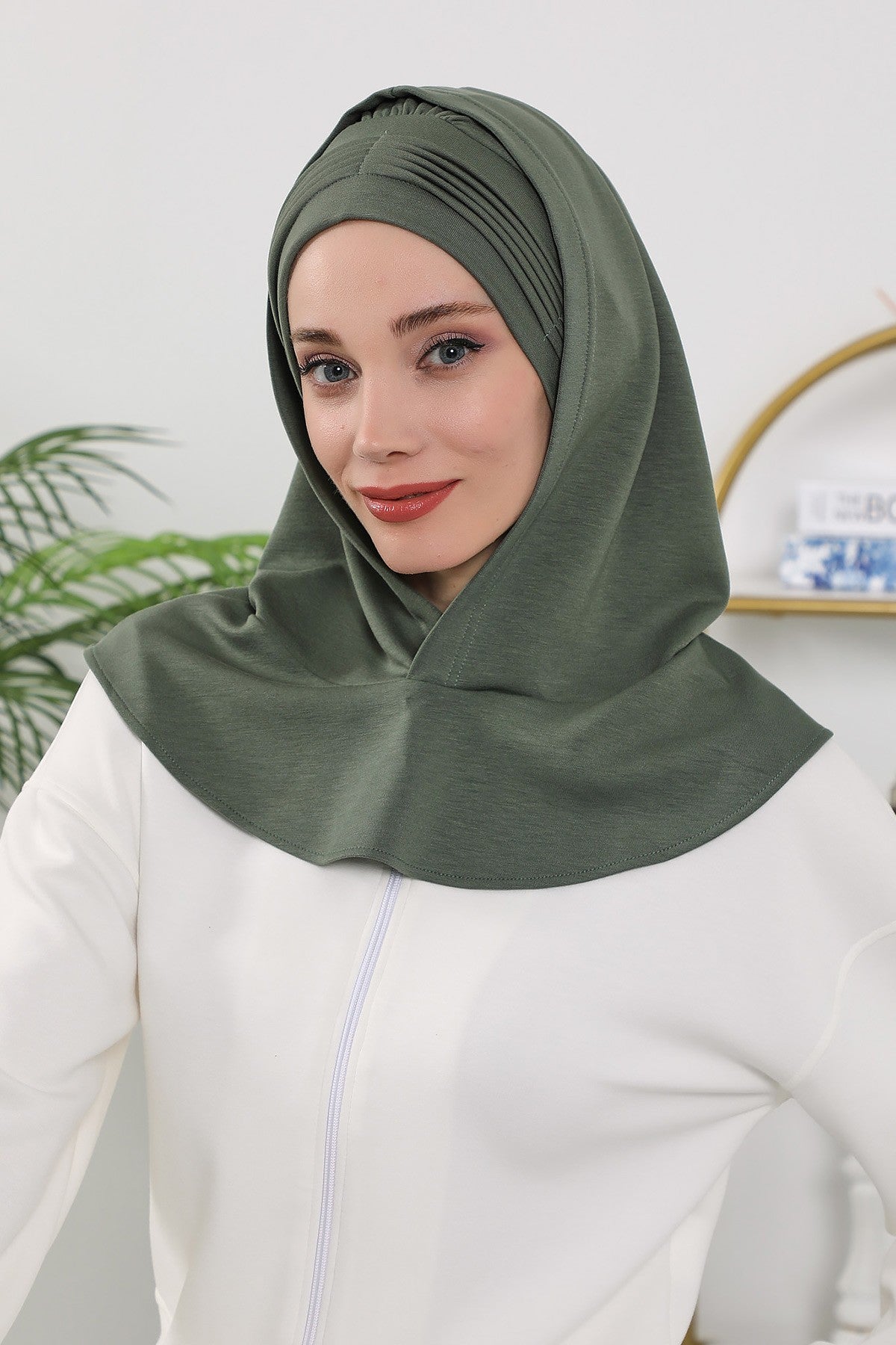 Instant Pleated Hijab Bonnet with Neck Cover, Full Coverage Ready to Wear Underscarf for Modest Women,B-87O Army Green