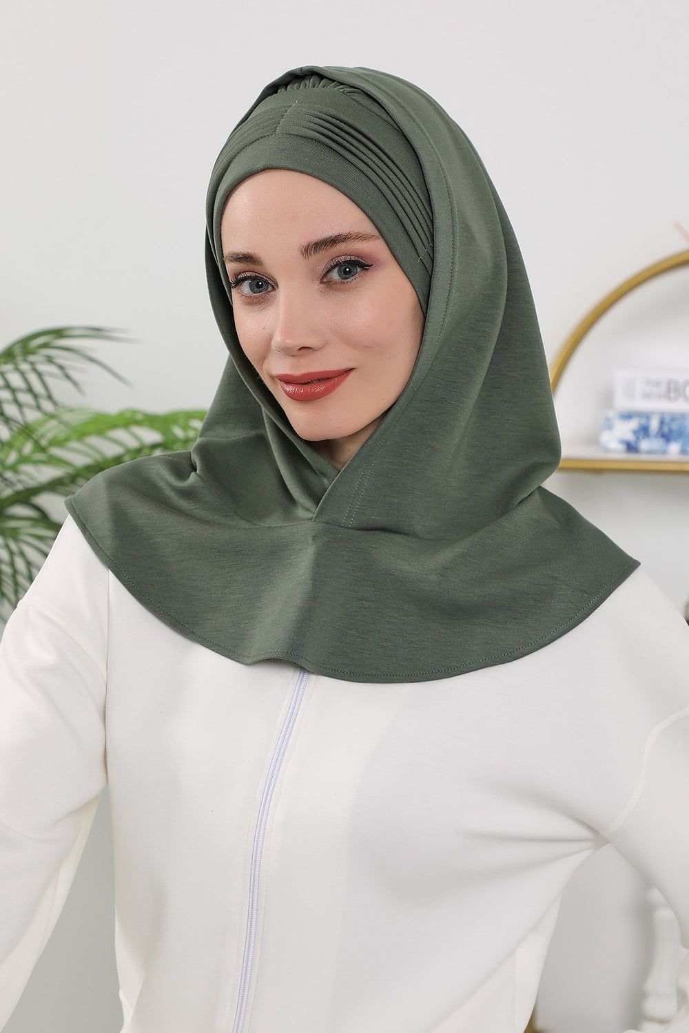 Instant Pleated Hijab Bonnet with Neck Cover, Full Coverage Ready to Wear Underscarf for Modest Women,B-87O Army Green