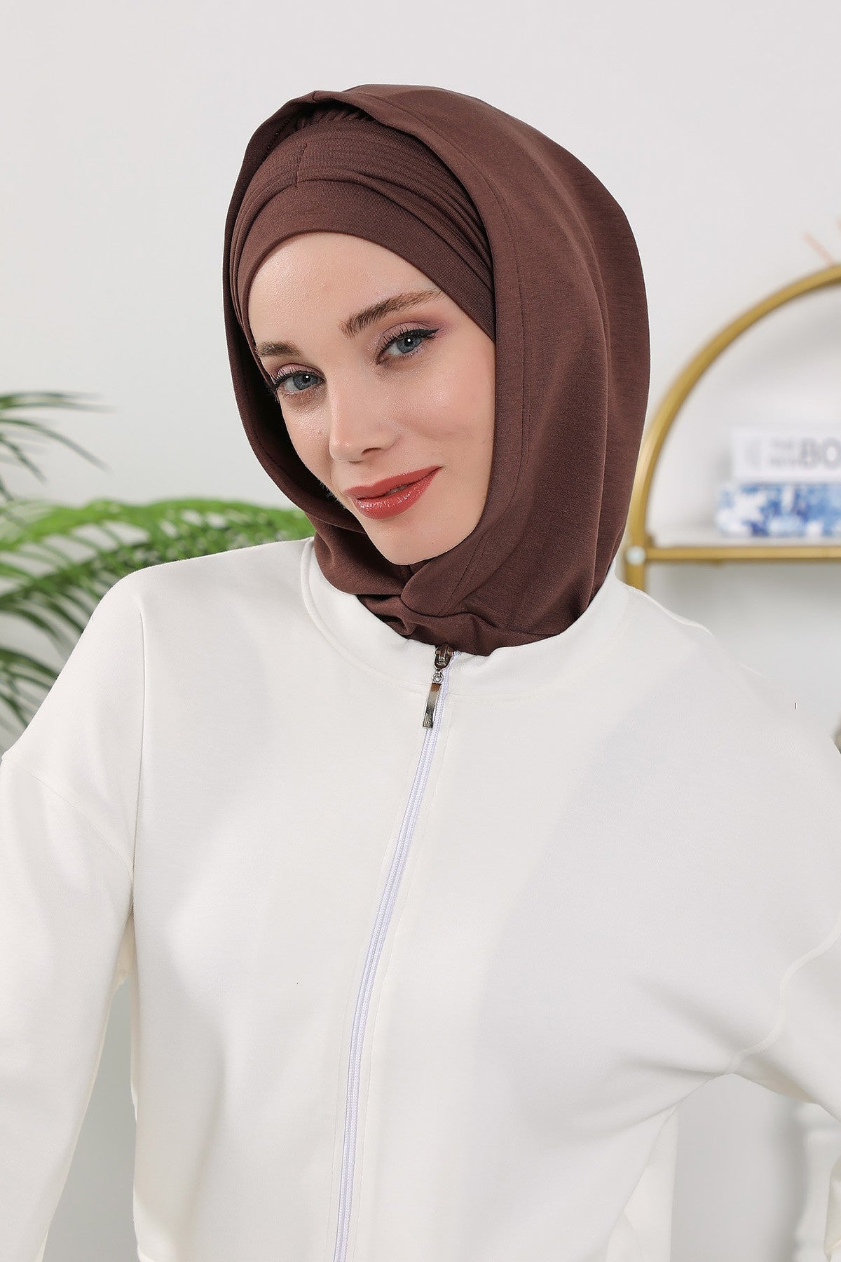 Instant Pleated Hijab Bonnet with Neck Cover, Full Coverage Ready to Wear Underscarf for Modest Women,B-87O Brown