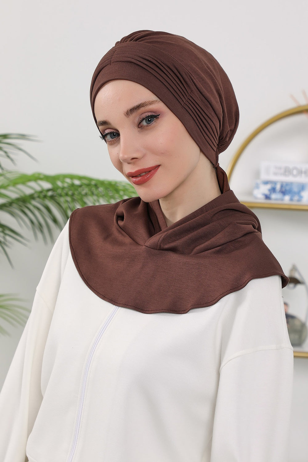 Instant Pleated Hijab Bonnet with Neck Cover, Full Coverage Ready to Wear Underscarf for Modest Women,B-87O Brown