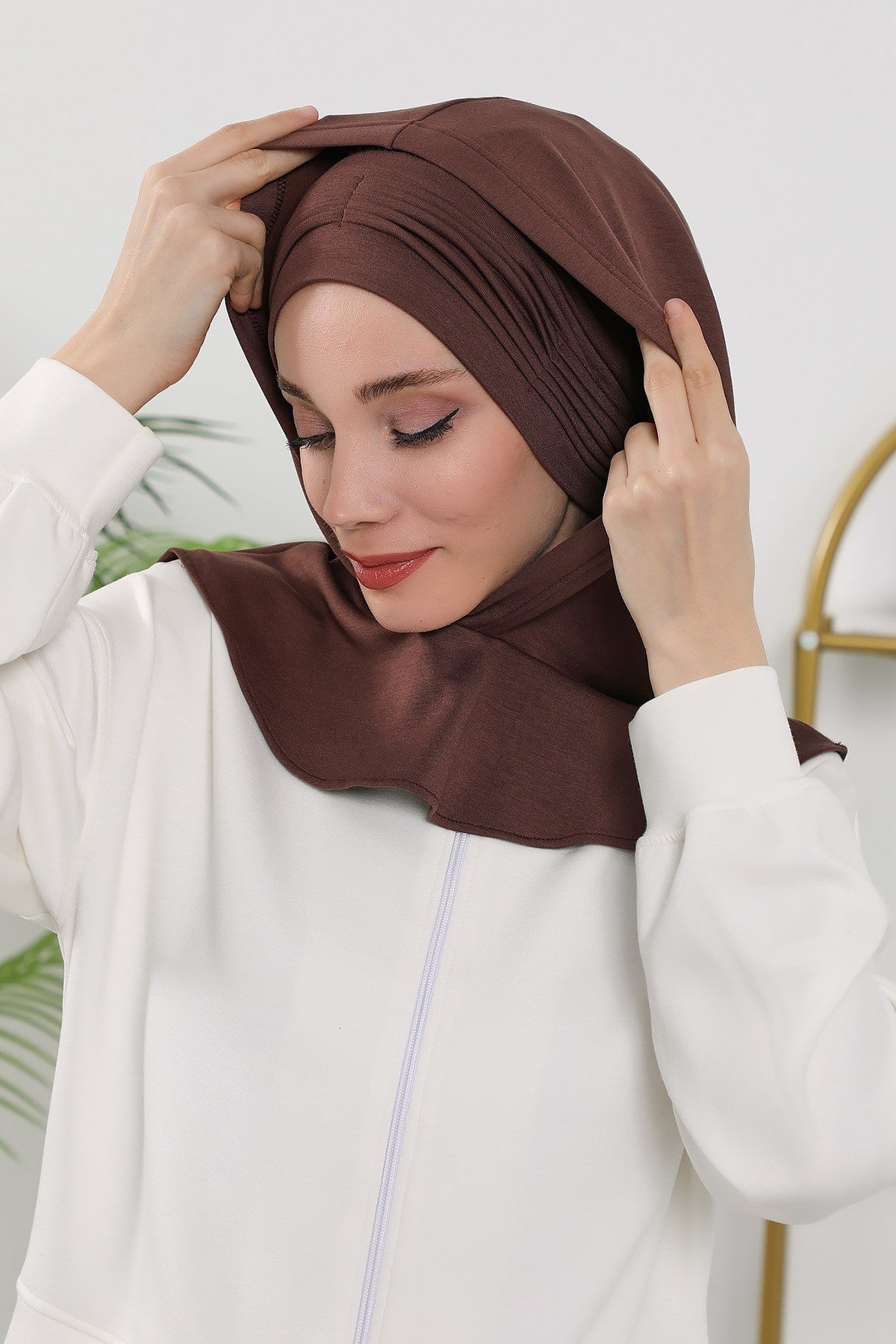 Instant Pleated Hijab Bonnet with Neck Cover, Full Coverage Ready to Wear Underscarf for Modest Women,B-87O Brown