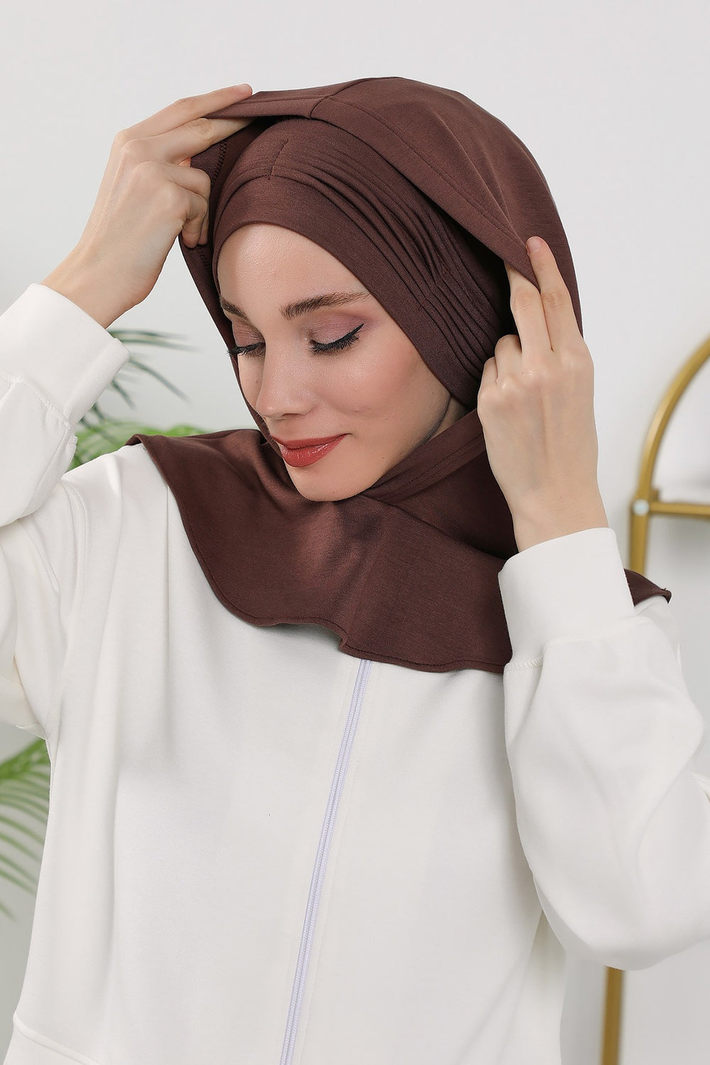 Instant Pleated Hijab Bonnet with Neck Cover, Full Coverage Ready to Wear Underscarf for Modest Women,B-87O Brown