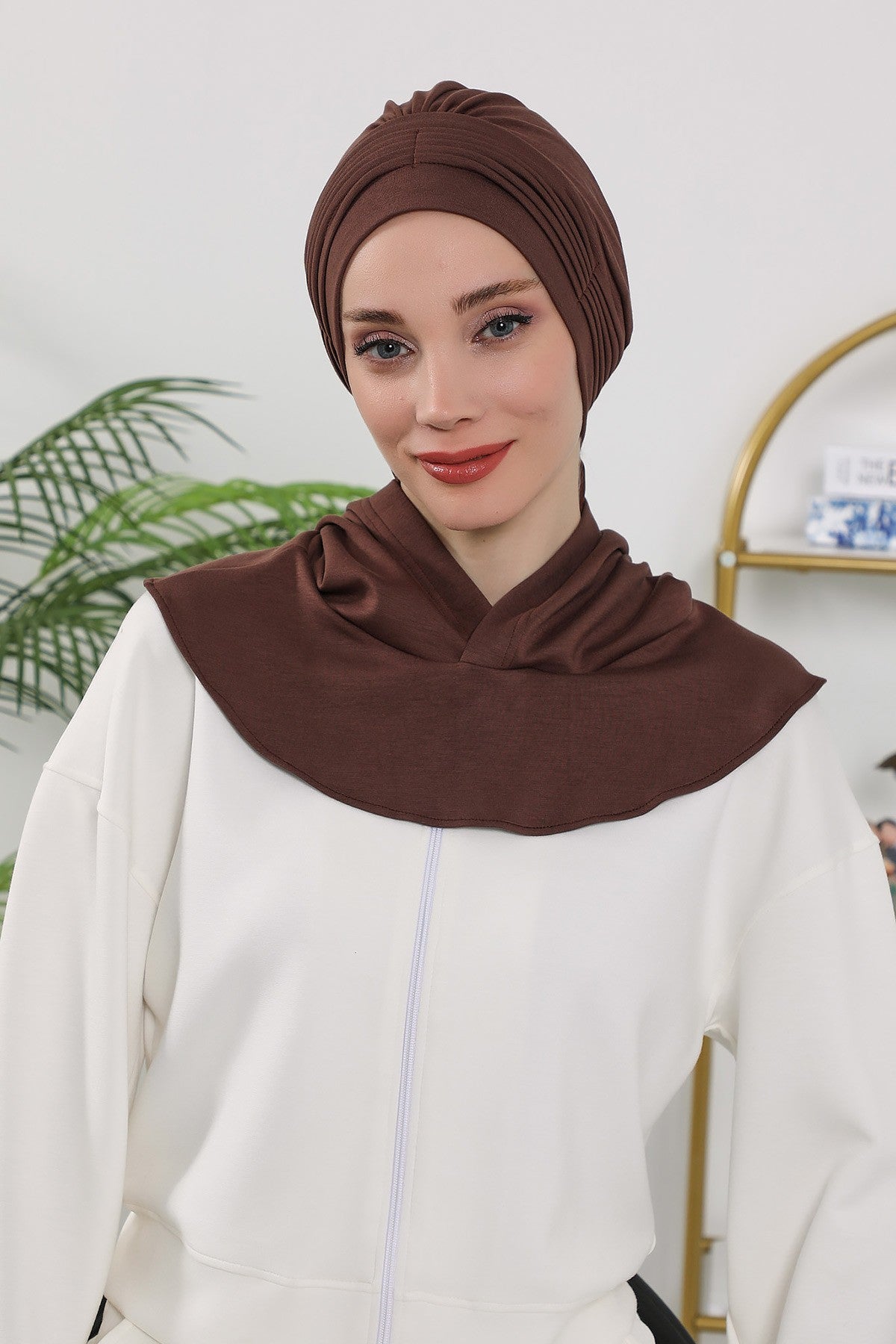 Instant Pleated Hijab Bonnet with Neck Cover, Full Coverage Ready to Wear Underscarf for Modest Women,B-87O Brown