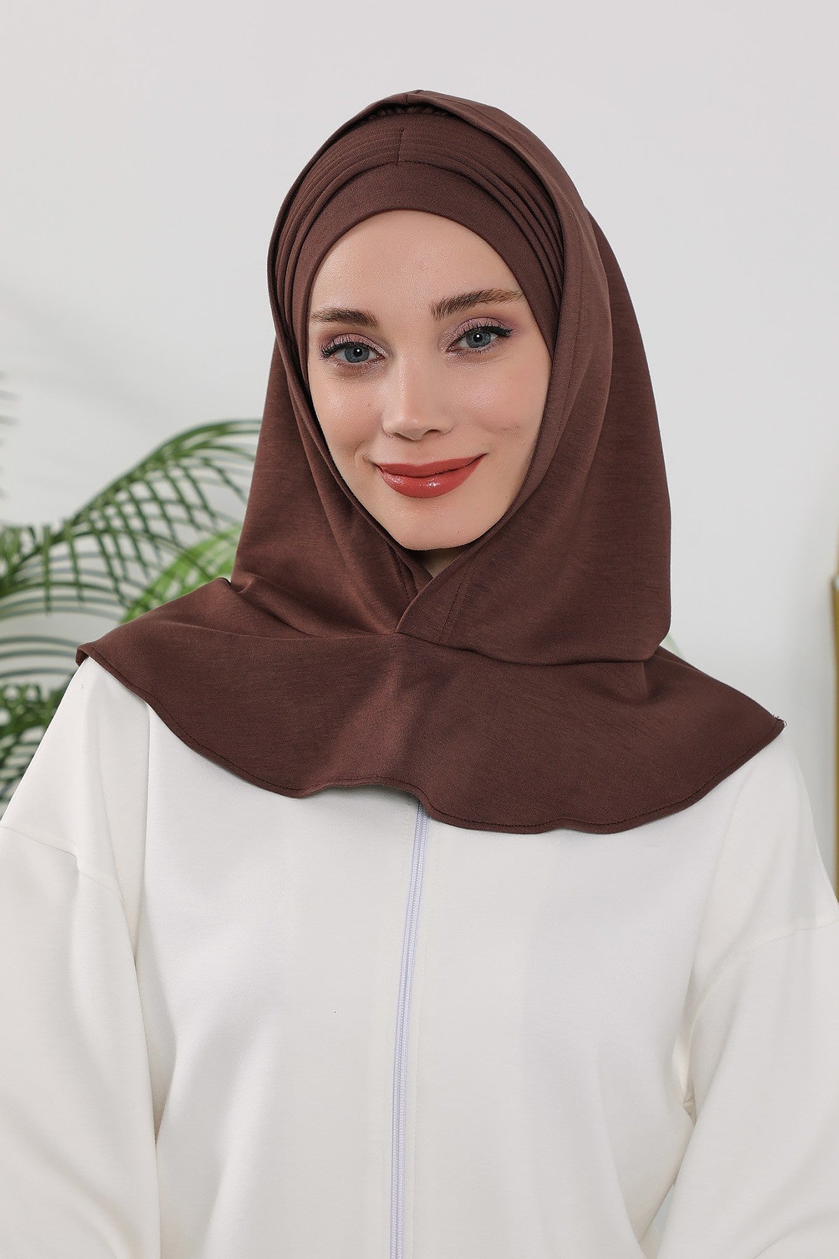 Instant Pleated Hijab Bonnet with Neck Cover, Full Coverage Ready to Wear Underscarf for Modest Women,B-87O Brown
