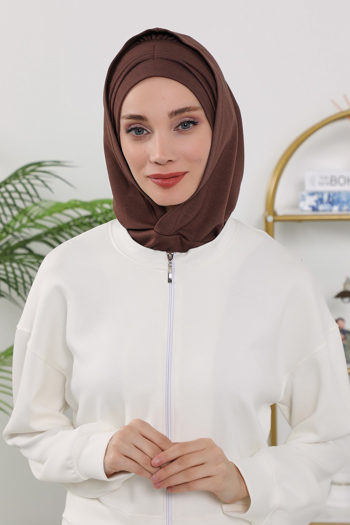 Instant Pleated Hijab Bonnet with Neck Cover, Full Coverage Ready to Wear Underscarf for Modest Women,B-87O Brown
