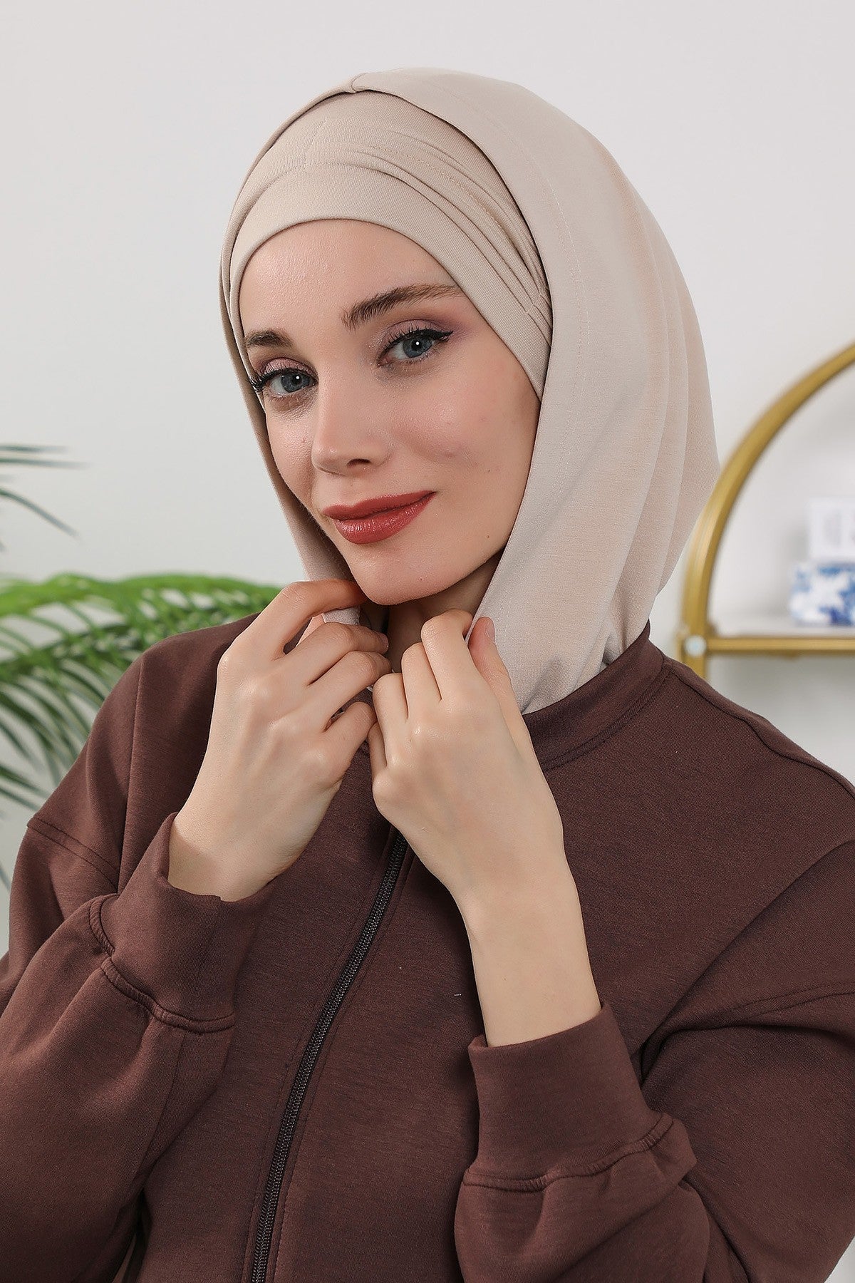 Instant Pleated Hijab Bonnet with Neck Cover, Full Coverage Ready to Wear Underscarf for Modest Women,B-87O Beige