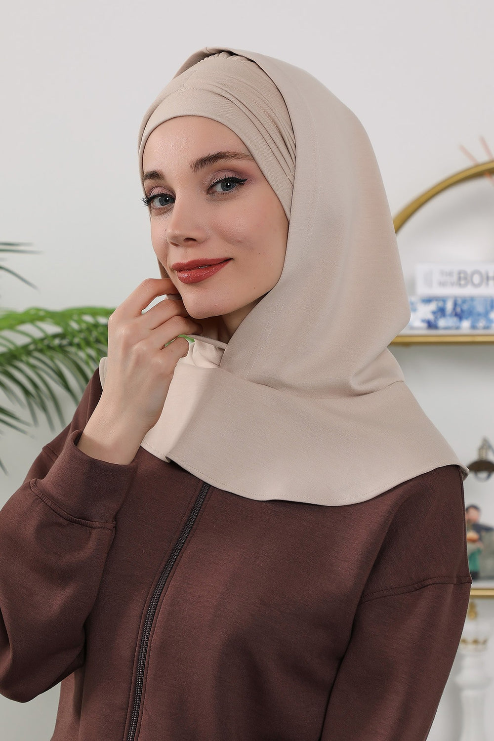 Instant Pleated Hijab Bonnet with Neck Cover, Full Coverage Ready to Wear Underscarf for Modest Women,B-87O Beige