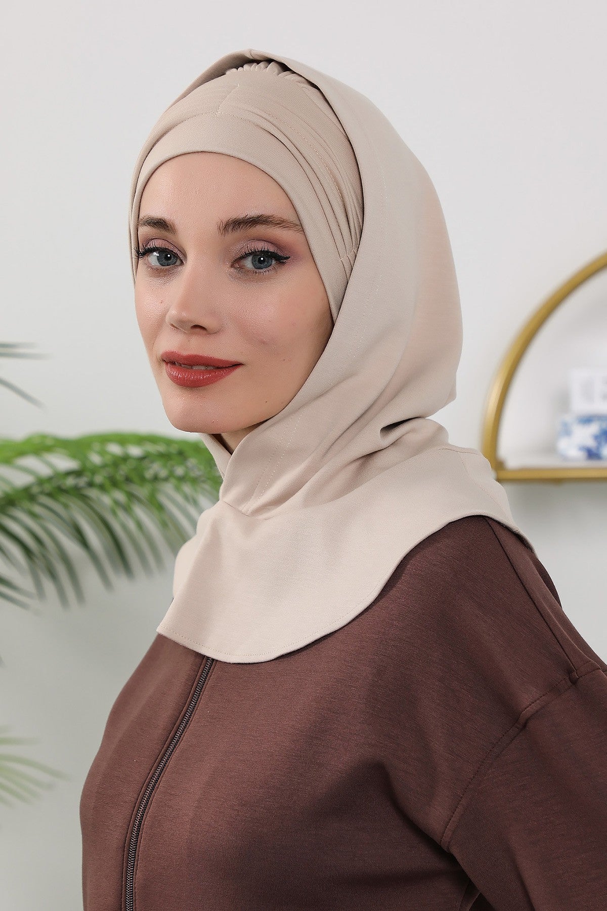 Instant Pleated Hijab Bonnet with Neck Cover, Full Coverage Ready to Wear Underscarf for Modest Women,B-87O Beige