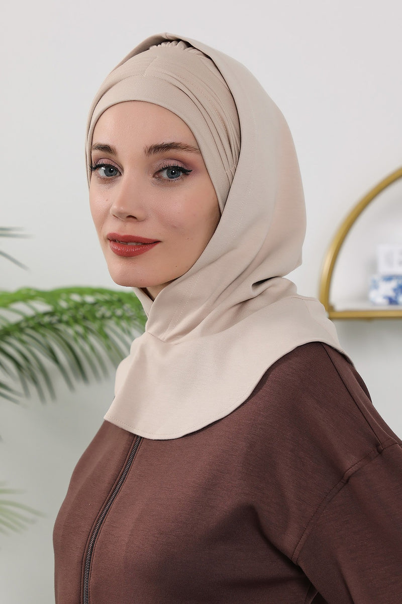 Instant Pleated Hijab Bonnet with Neck Cover, Full Coverage Ready to Wear Underscarf for Modest Women,B-87O