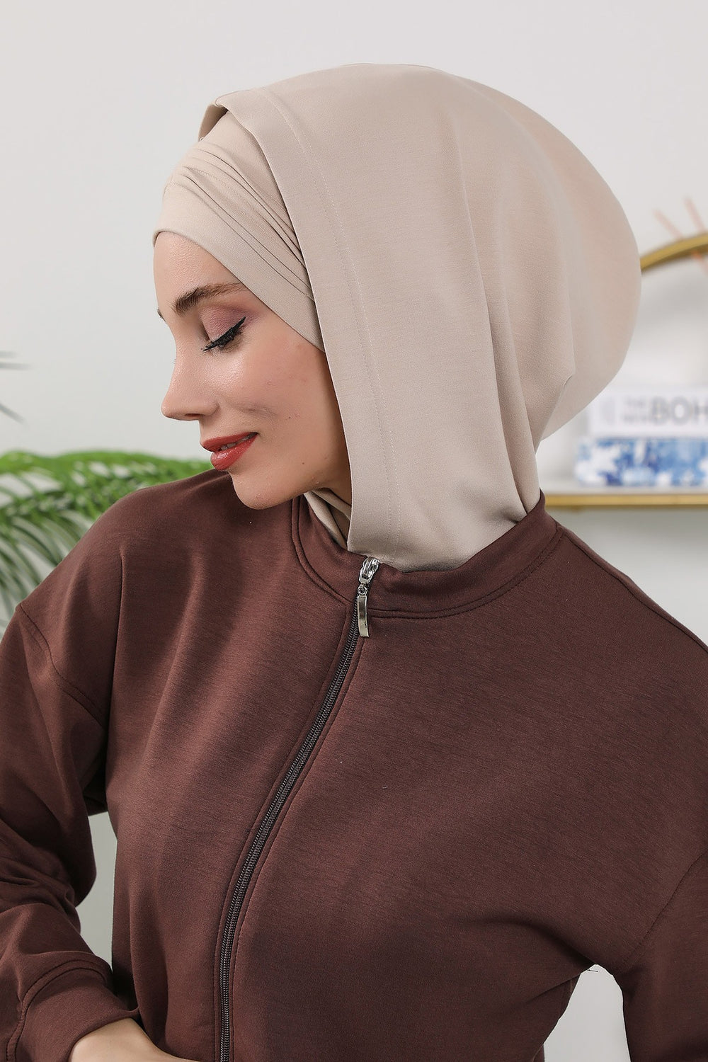 Instant Pleated Hijab Bonnet with Neck Cover, Full Coverage Ready to Wear Underscarf for Modest Women,B-87O Beige