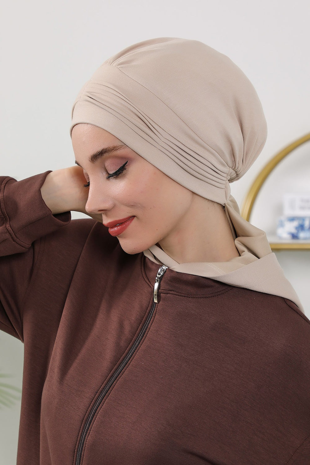 Instant Pleated Hijab Bonnet with Neck Cover, Full Coverage Ready to Wear Underscarf for Modest Women,B-87O Beige
