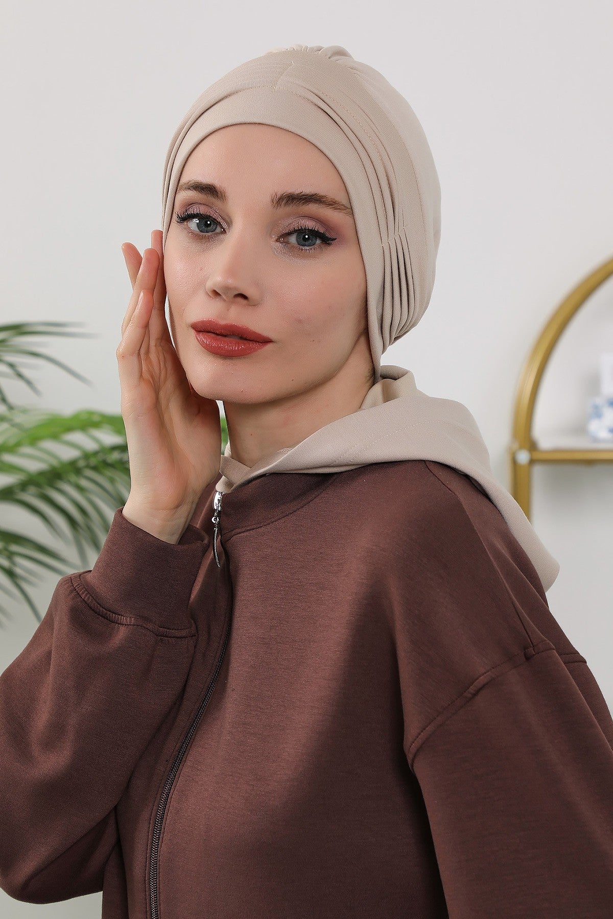 Instant Pleated Hijab Bonnet with Neck Cover, Full Coverage Ready to Wear Underscarf for Modest Women,B-87O Beige