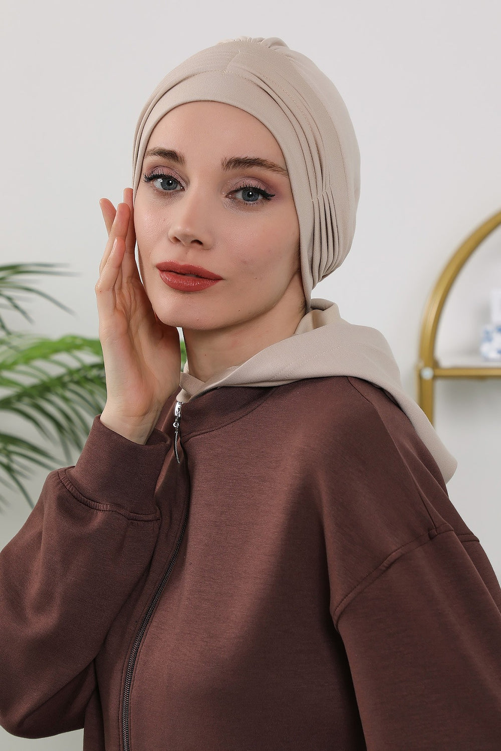 Instant Pleated Hijab Bonnet with Neck Cover, Full Coverage Ready to Wear Underscarf for Modest Women,B-87O Beige