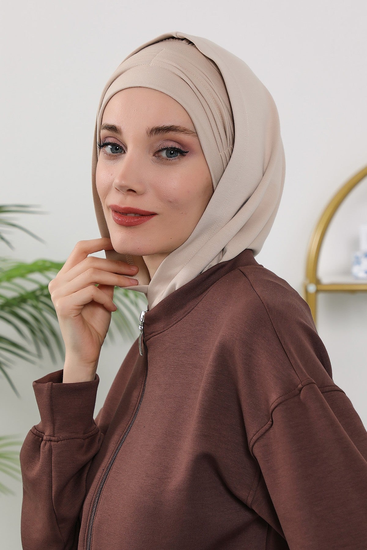Instant Pleated Hijab Bonnet with Neck Cover, Full Coverage Ready to Wear Underscarf for Modest Women,B-87O Beige