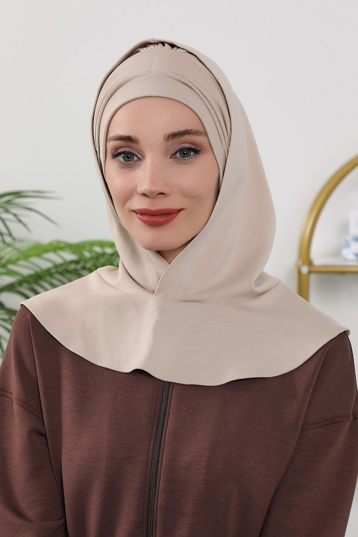 Instant Pleated Hijab Bonnet with Neck Cover, Full Coverage Ready to Wear Underscarf for Modest Women,B-87O Beige
