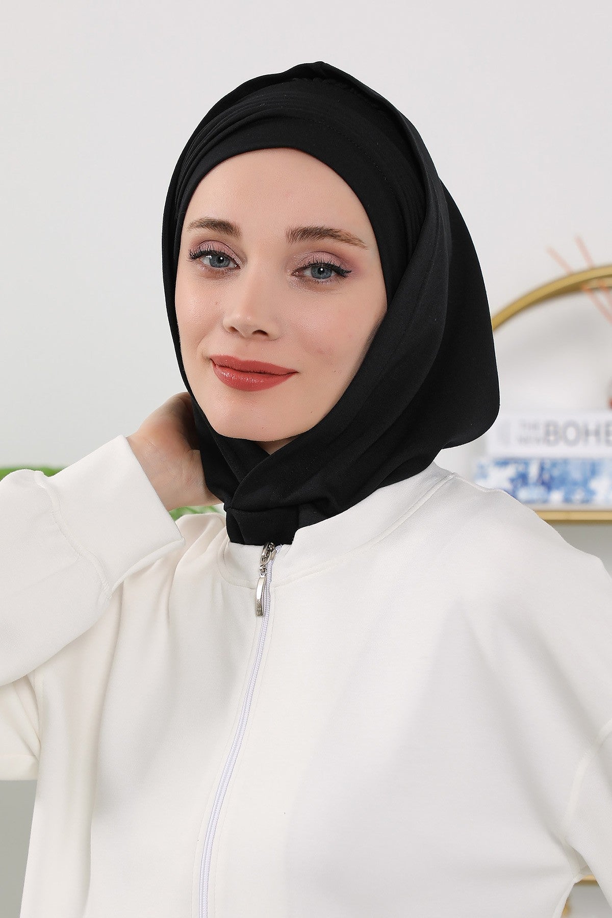 Instant Pleated Hijab Bonnet with Neck Cover, Full Coverage Ready to Wear Underscarf for Modest Women,B-87O Black