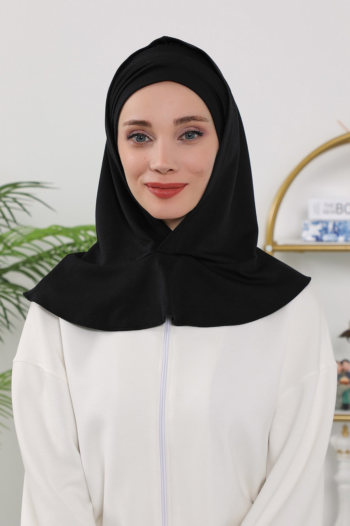 Instant Pleated Hijab Bonnet with Neck Cover, Full Coverage Ready to Wear Underscarf for Modest Women,B-87O Black