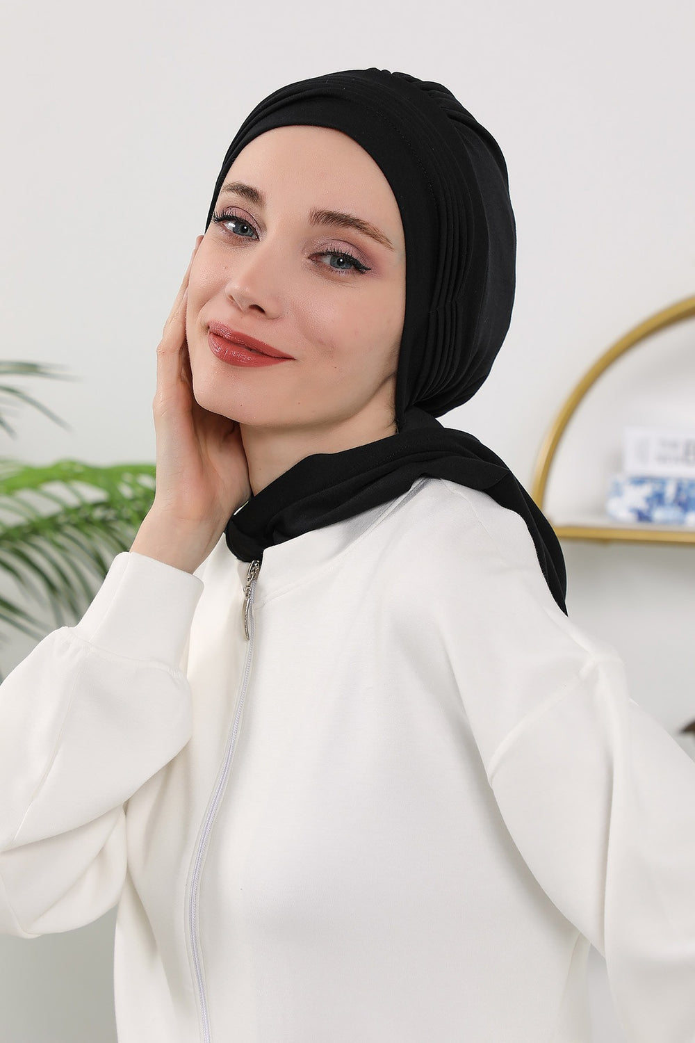 Instant Pleated Hijab Bonnet with Neck Cover, Full Coverage Ready to Wear Underscarf for Modest Women,B-87O Black