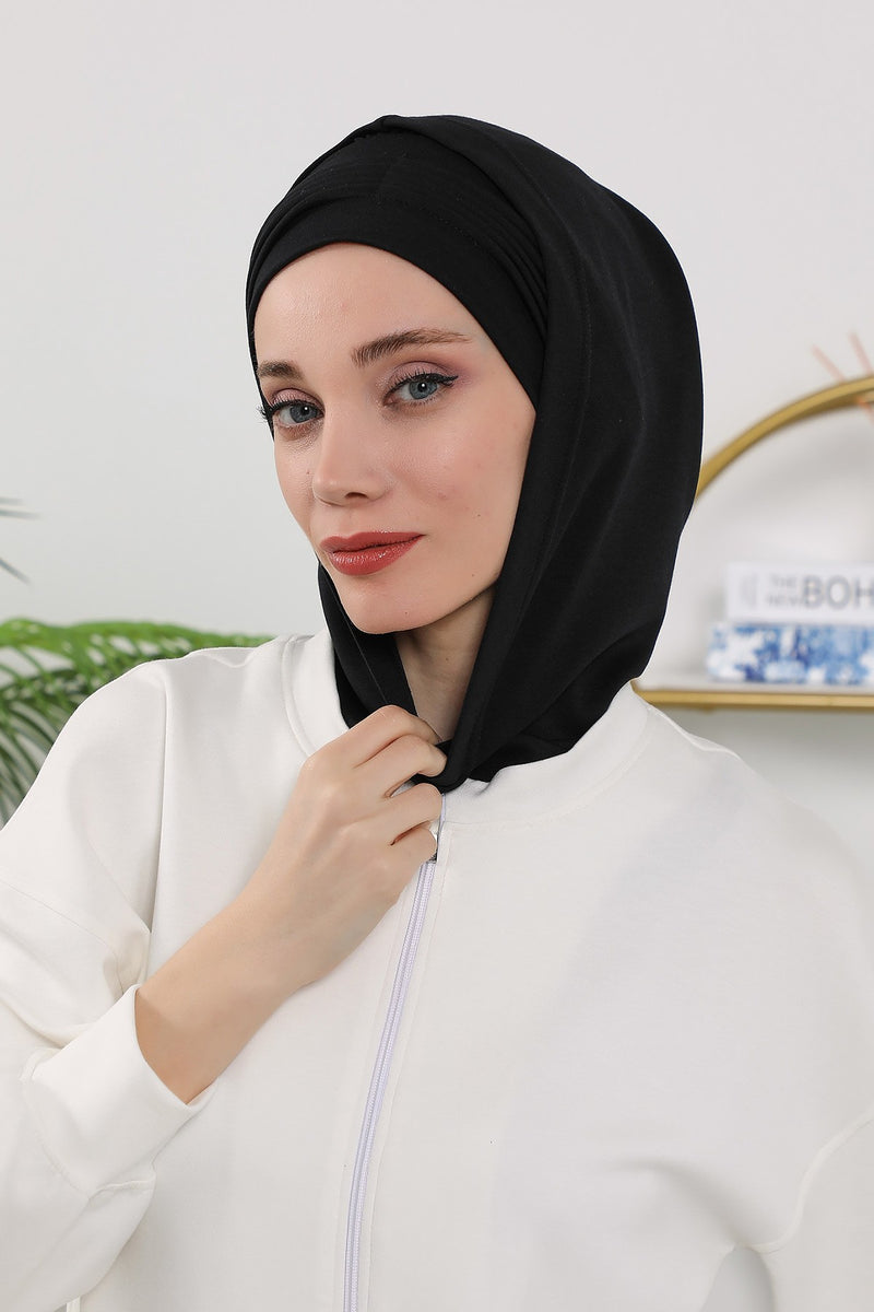 Instant Pleated Hijab Bonnet with Neck Cover, Full Coverage Ready to Wear Underscarf for Modest Women,B-87O