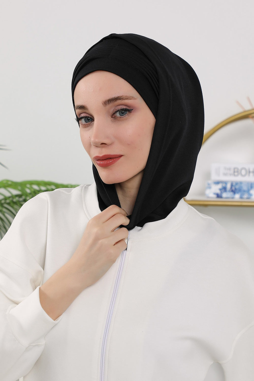 Instant Pleated Hijab Bonnet with Neck Cover, Full Coverage Ready to Wear Underscarf for Modest Women,B-87O Black