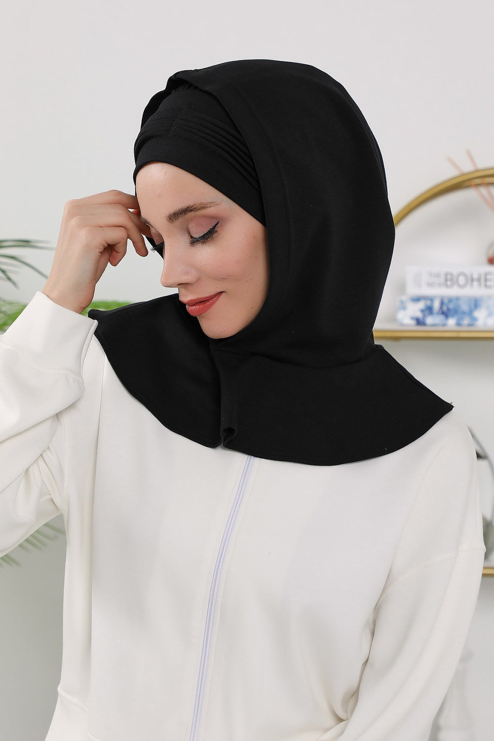 Instant Pleated Hijab Bonnet with Neck Cover, Full Coverage Ready to Wear Underscarf for Modest Women,B-87O Black