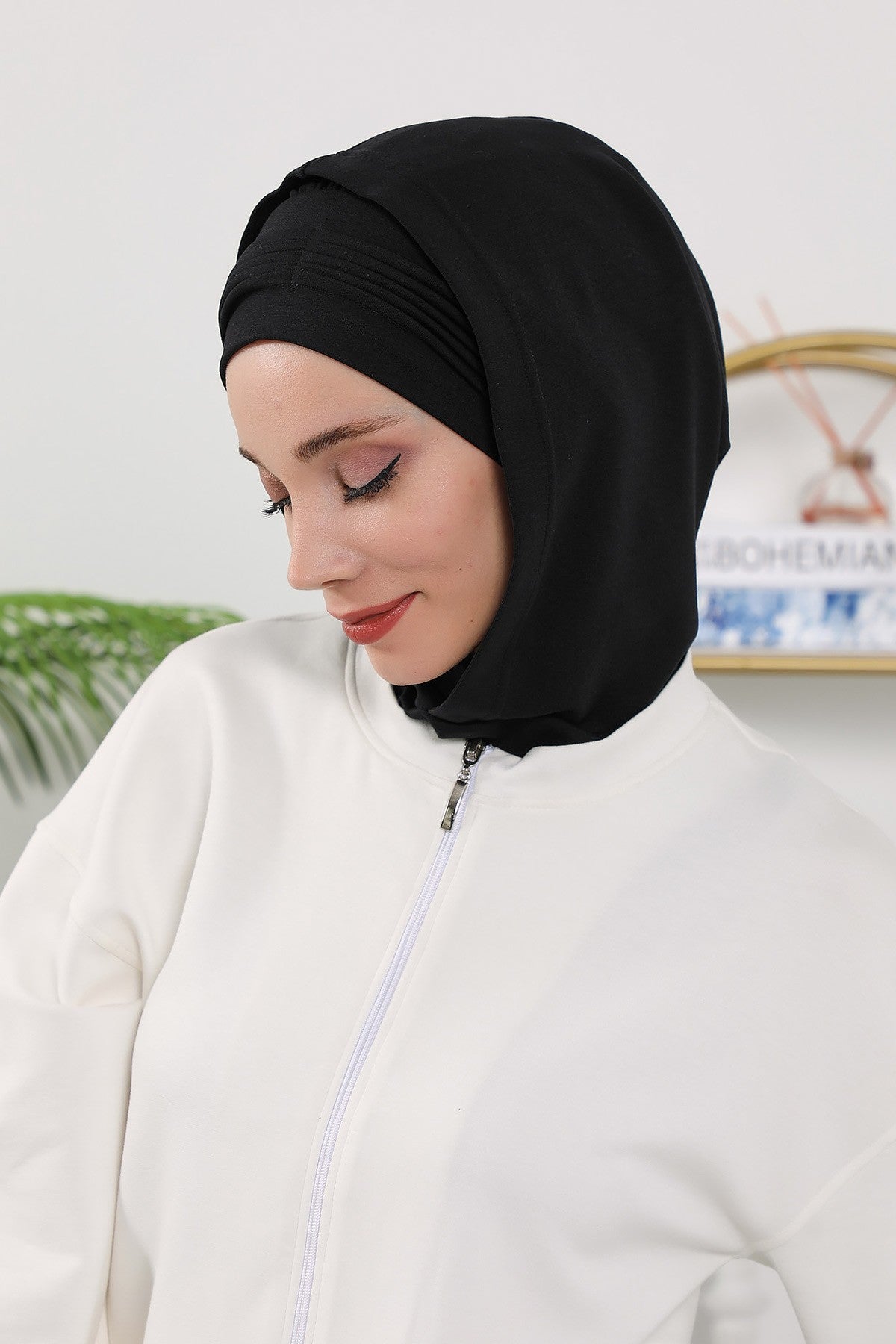 Instant Pleated Hijab Bonnet with Neck Cover, Full Coverage Ready to Wear Underscarf for Modest Women,B-87O Black