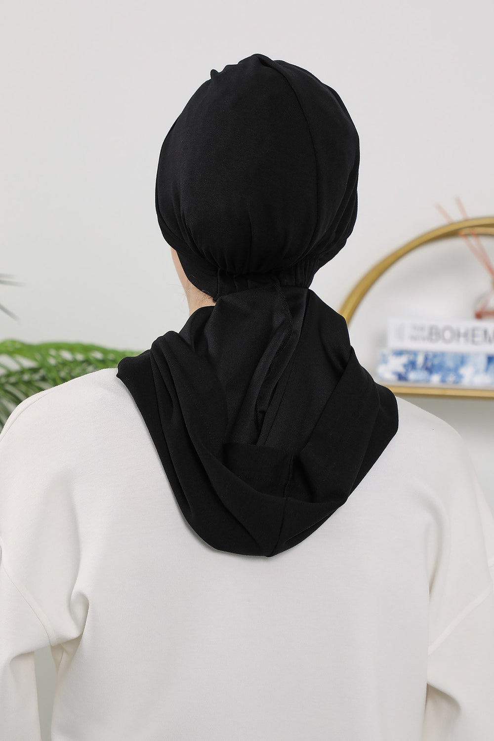 Instant Pleated Hijab Bonnet with Neck Cover, Full Coverage Ready to Wear Underscarf for Modest Women,B-87O Black