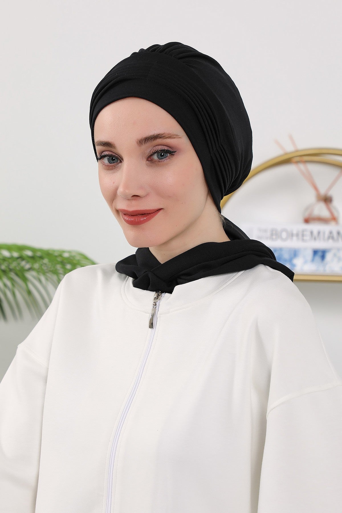 Instant Pleated Hijab Bonnet with Neck Cover, Full Coverage Ready to Wear Underscarf for Modest Women,B-87O Black