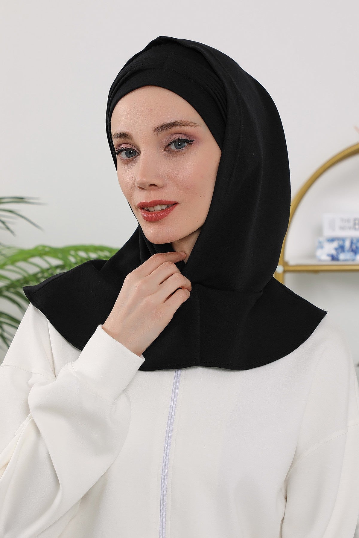 Instant Pleated Hijab Bonnet with Neck Cover, Full Coverage Ready to Wear Underscarf for Modest Women,B-87O Black