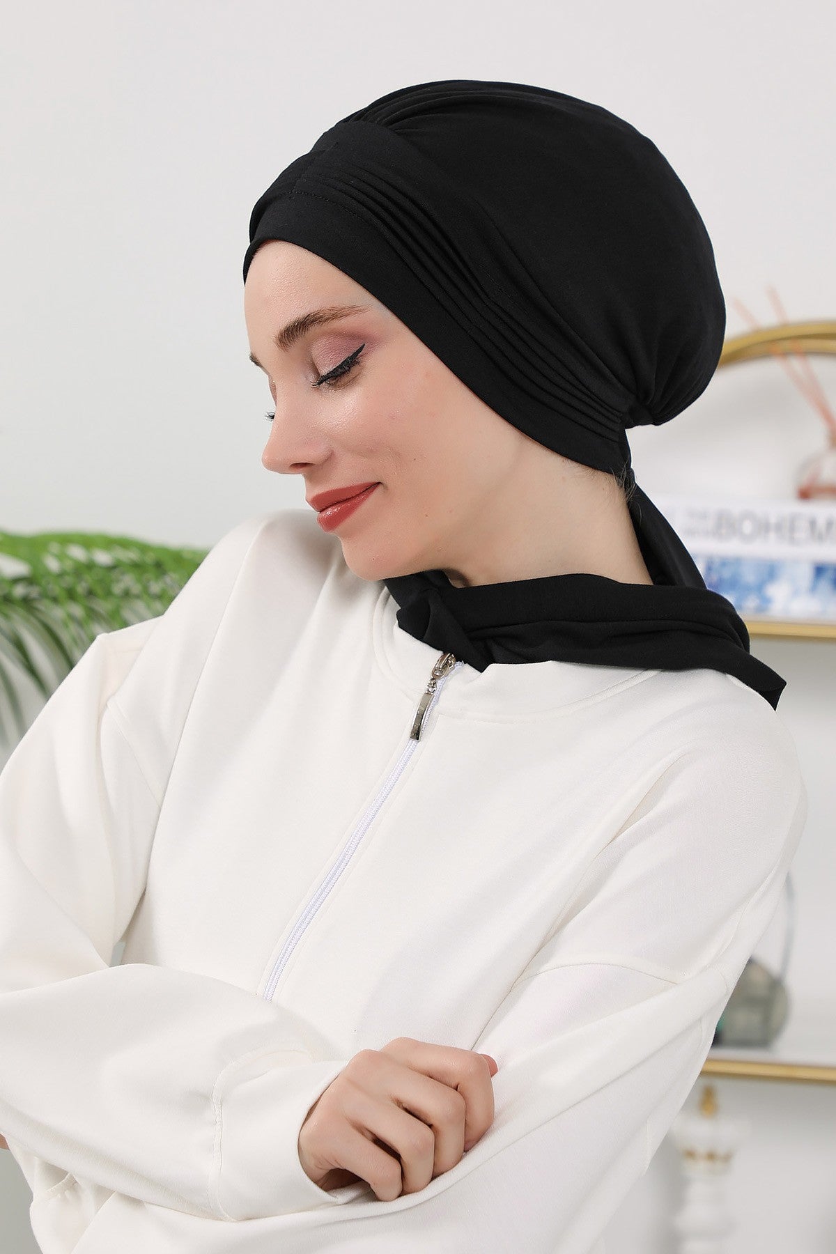 Instant Pleated Hijab Bonnet with Neck Cover, Full Coverage Ready to Wear Underscarf for Modest Women,B-87O Black