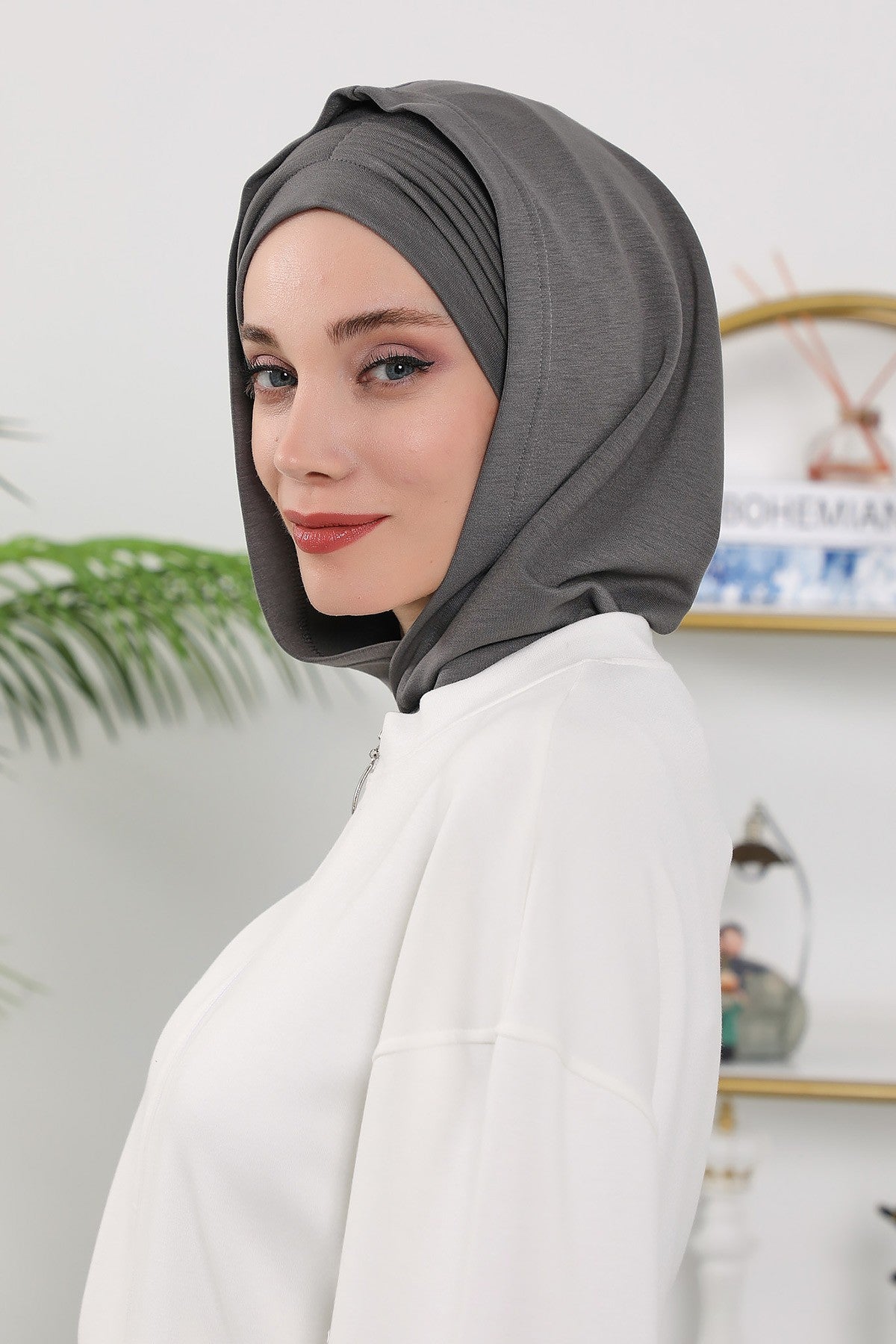 Instant Pleated Hijab Bonnet with Neck Cover, Full Coverage Ready to Wear Underscarf for Modest Women,B-87O Anthracite