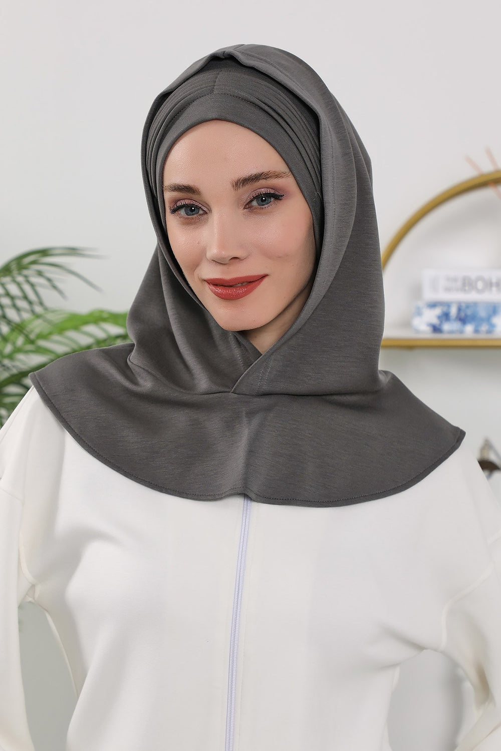 Instant Pleated Hijab Bonnet with Neck Cover, Full Coverage Ready to Wear Underscarf for Modest Women,B-87O Anthracite