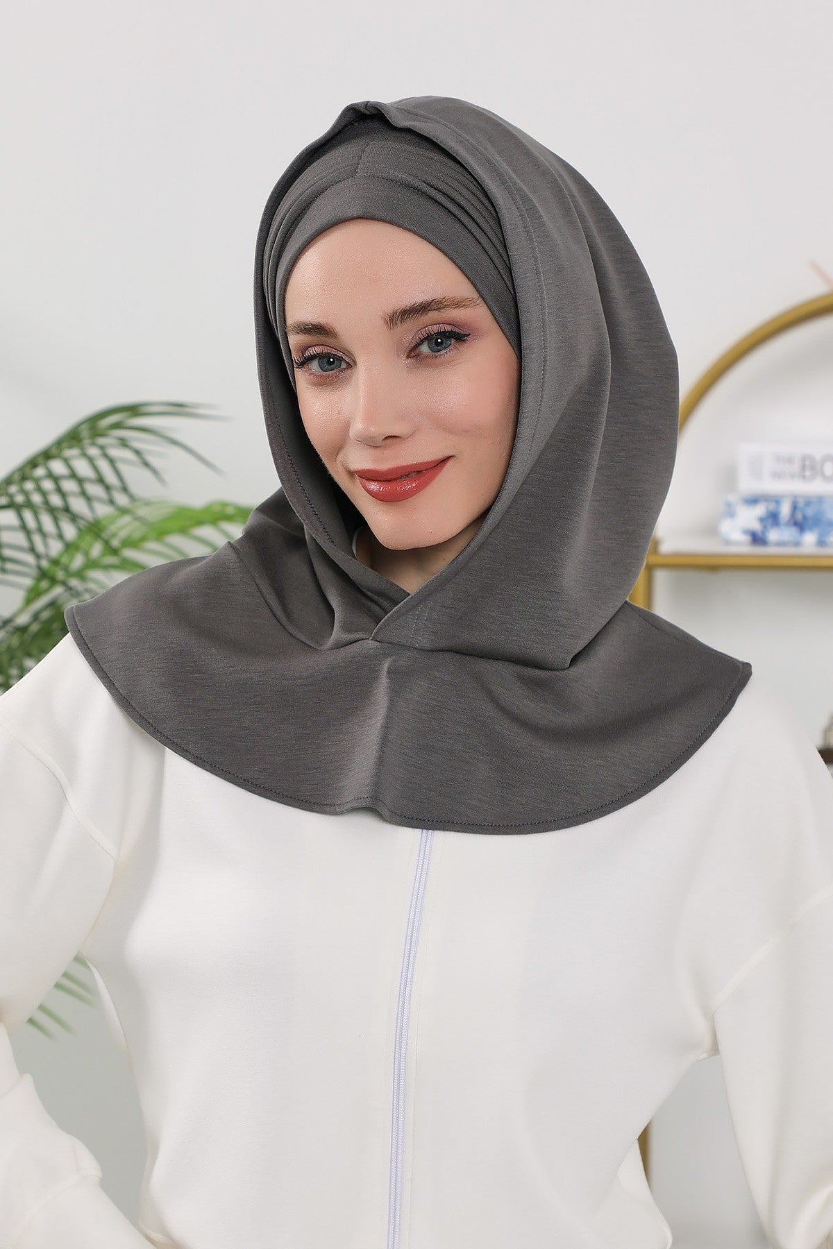 Instant Pleated Hijab Bonnet with Neck Cover, Full Coverage Ready to Wear Underscarf for Modest Women,B-87O Anthracite