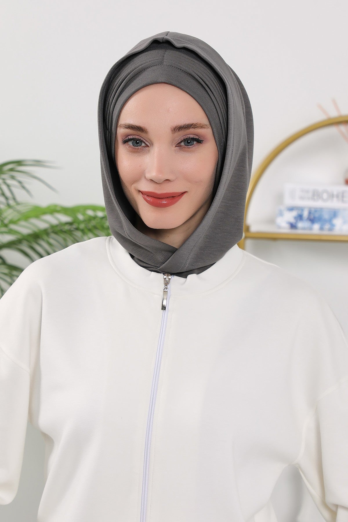Instant Pleated Hijab Bonnet with Neck Cover, Full Coverage Ready to Wear Underscarf for Modest Women,B-87O Anthracite