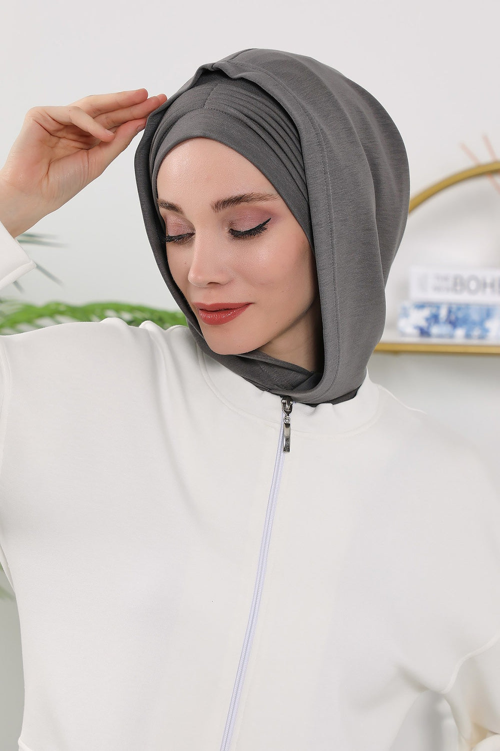 Instant Pleated Hijab Bonnet with Neck Cover, Full Coverage Ready to Wear Underscarf for Modest Women,B-87O Anthracite