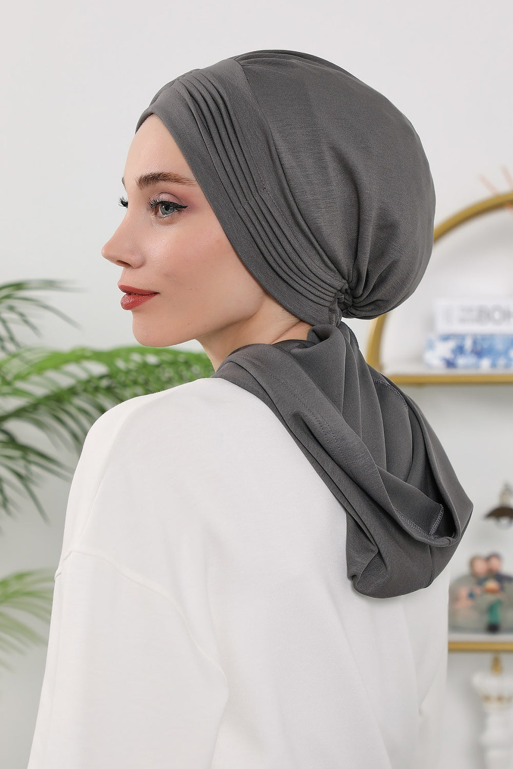 Instant Pleated Hijab Bonnet with Neck Cover, Full Coverage Ready to Wear Underscarf for Modest Women,B-87O Anthracite