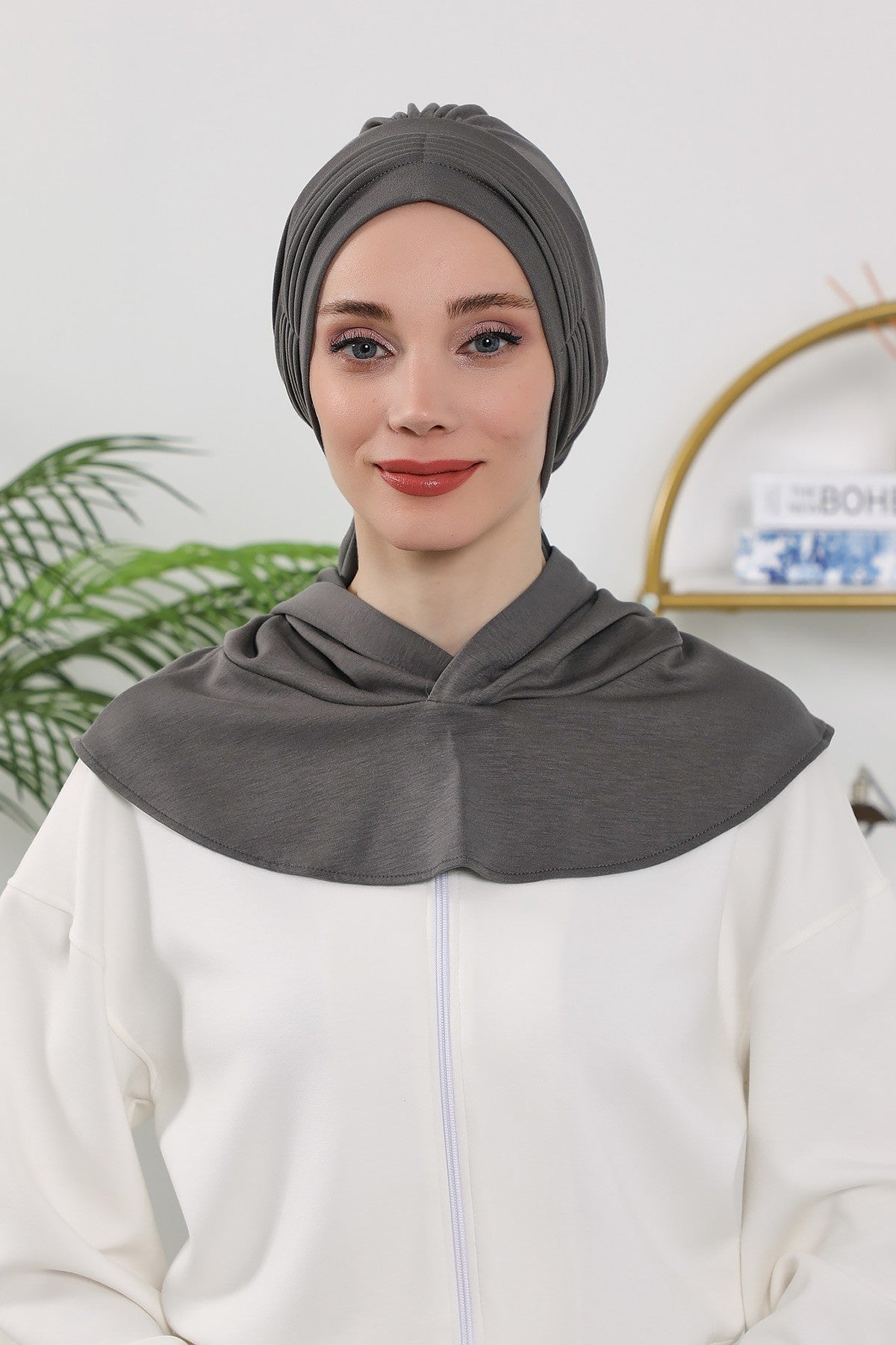 Instant Pleated Hijab Bonnet with Neck Cover, Full Coverage Ready to Wear Underscarf for Modest Women,B-87O Anthracite