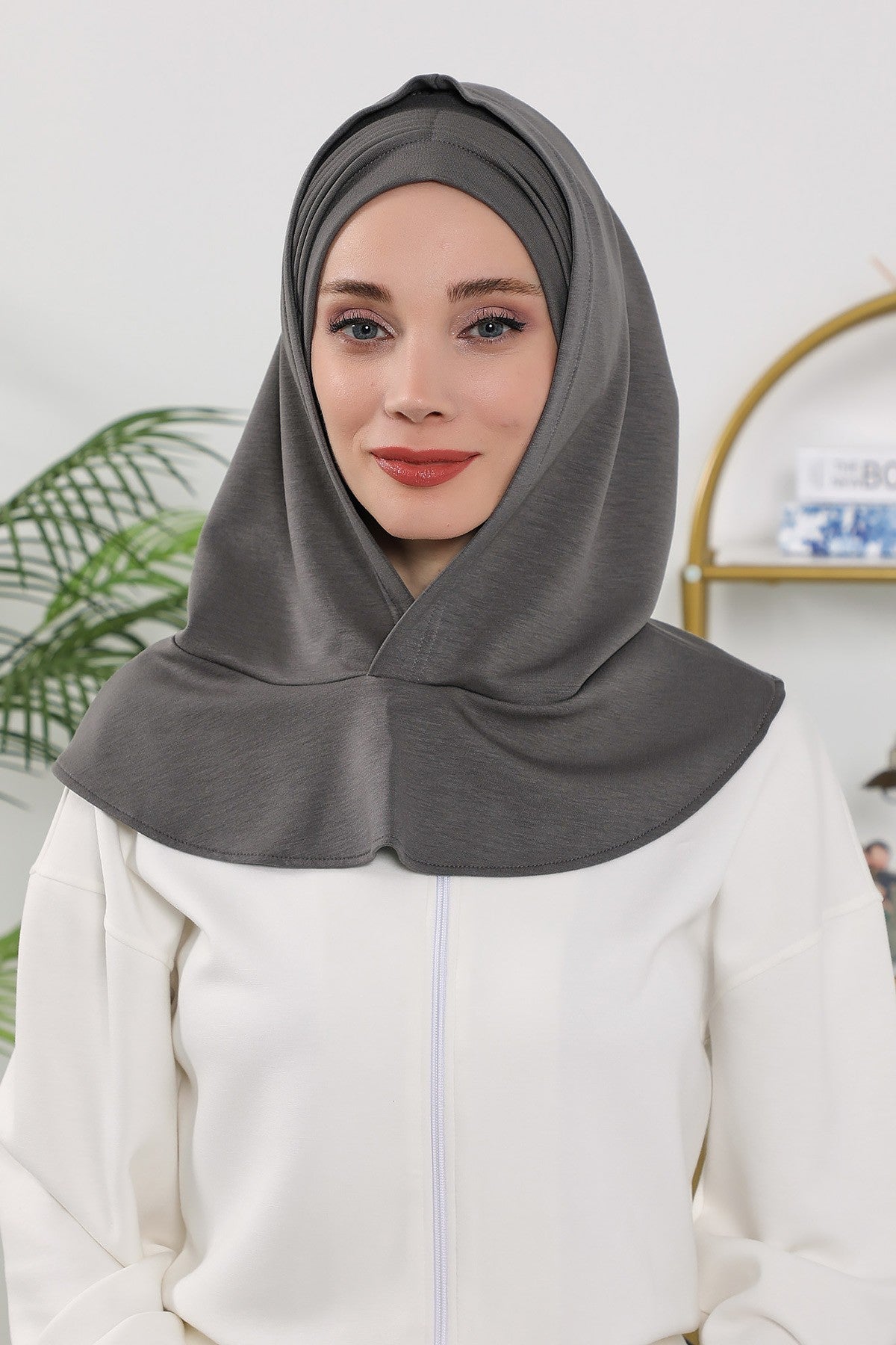 Instant Pleated Hijab Bonnet with Neck Cover, Full Coverage Ready to Wear Underscarf for Modest Women,B-87O Anthracite