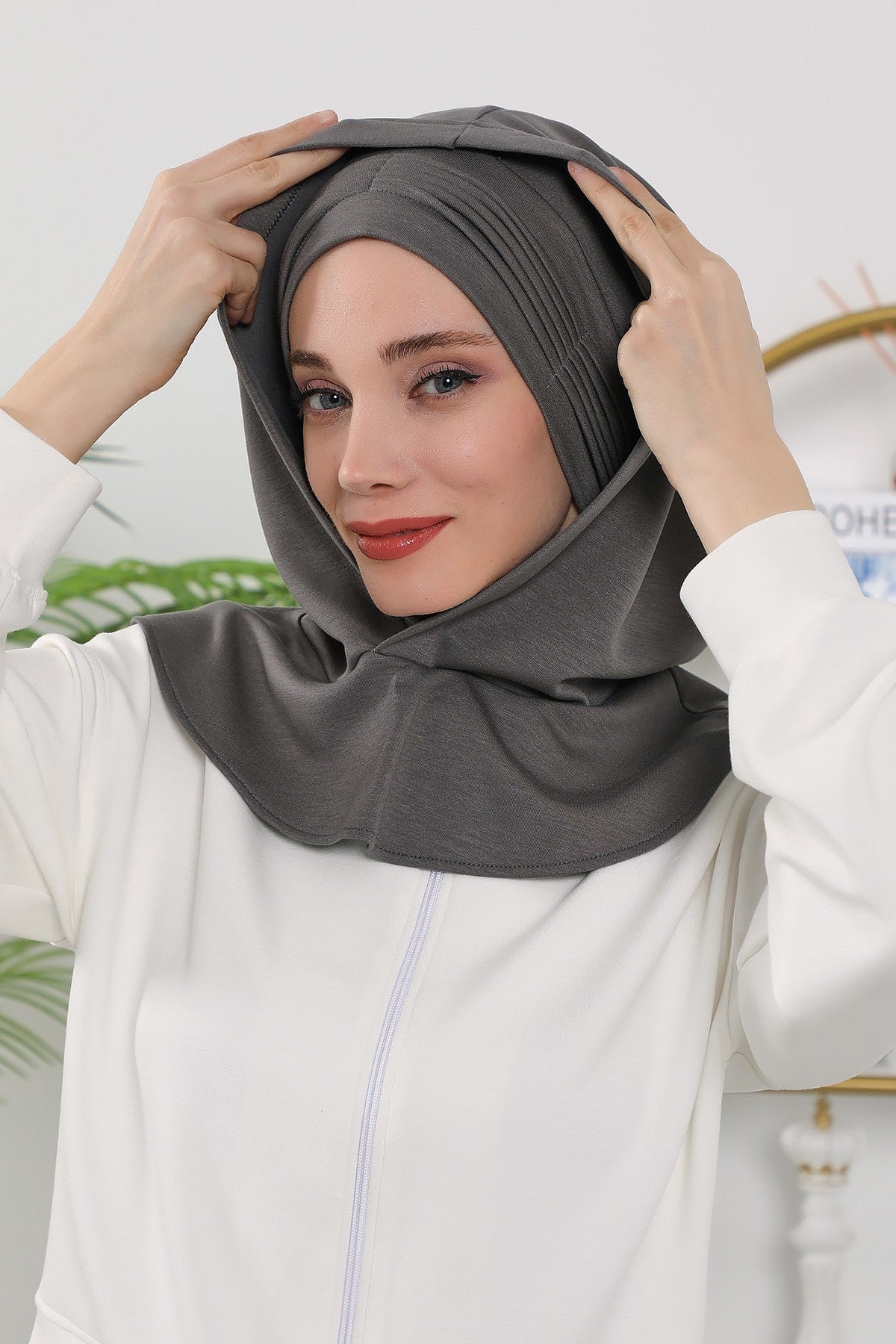 Instant Pleated Hijab Bonnet with Neck Cover, Full Coverage Ready to Wear Underscarf for Modest Women,B-87O Anthracite