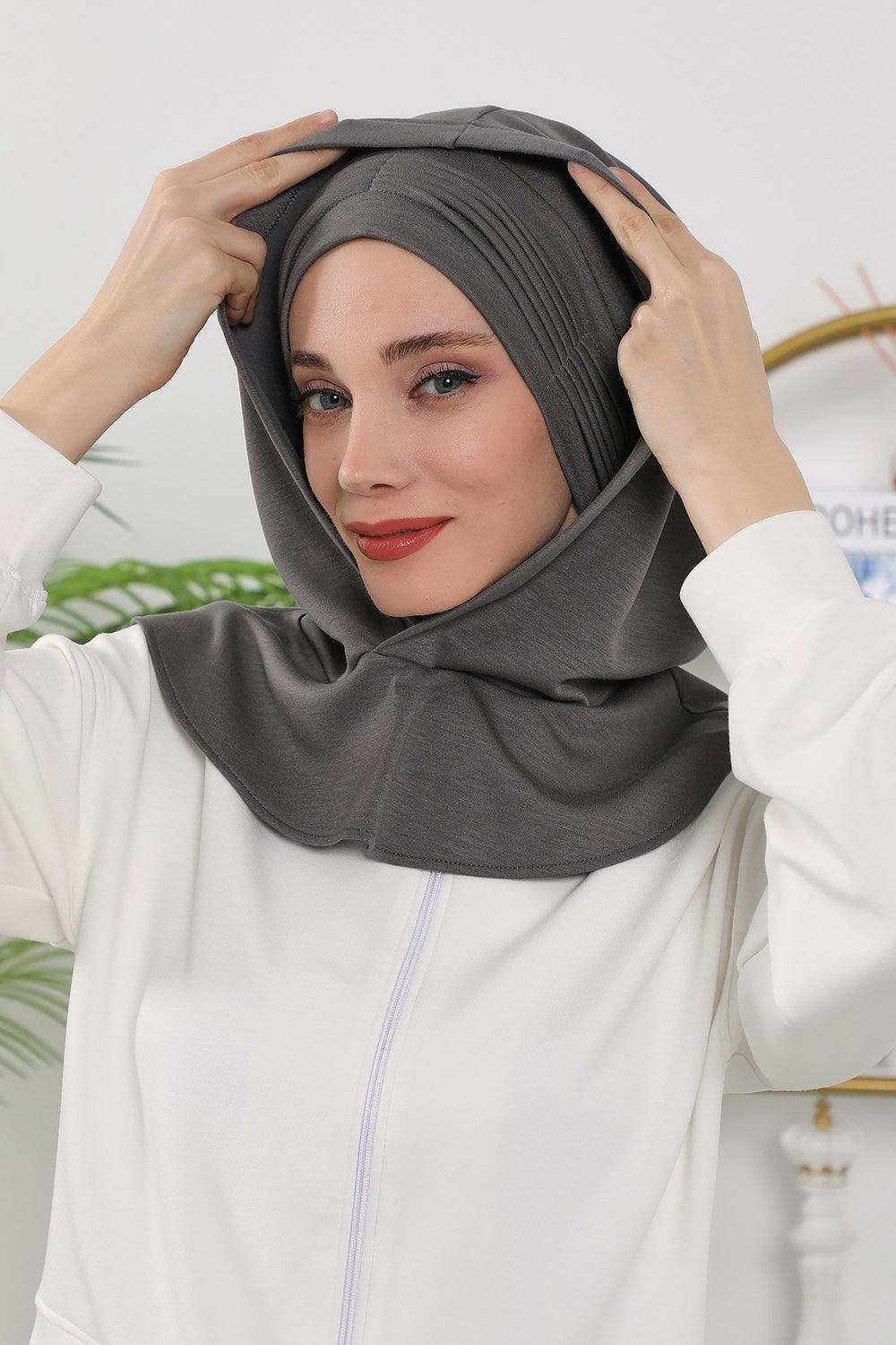 Instant Pleated Hijab Bonnet with Neck Cover, Full Coverage Ready to Wear Underscarf for Modest Women,B-87O Anthracite